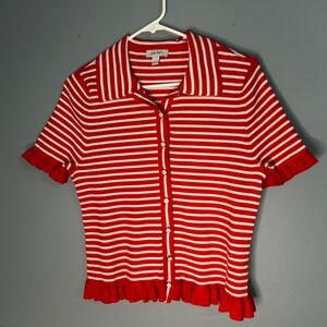 ON-34th Womens Red White Striped Ruffle Ribbed Short Sleeve Cardigan Top Large